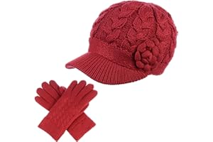 BE YOUR OWN STYLE Womens Winter Elegant Cable Flower Knitted Newsboy Cabbie Cap Beret Beanie Hat with Visor, Warm Plush Fleece Lined