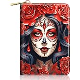 FVAENDHIO Credit Card Holder Wallets for Women, Sugar Skull Girl Rose Design RFID Blocking Small Leather Card Case Wallet Zipper Accordion Wallets