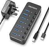 RSHTECH Powered USB C 7-Port USB 3.0 Hub with Individual On/Off Switches