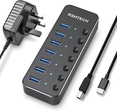 RSHTECH Powered USB C 7-Port USB 3.0 Hub with Individual On/Off Switches