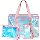 DSDCDJ Iridescent Beach Bags for Women, Large Travel Tote Bags with Makeup Bag & Phone Pouch - Waterproof Clear Tote Bag