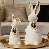 DN DECONATION Easter Decoration Bunny Decor - Easter Spring White Rabbit Sculpture, Ceramic Statues with Gold Eggs for Modern