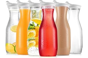 DilaBee Plastic Water Pitcher With Lid (32 Oz) Round Carafe Pitchers for drinks, Milk, Smoothie, Iced Tea, Mimosa Bar Supplies - Juice Containers with Lids - BPA-Free (6-Pack) - NOT DISHWASHER SAFE