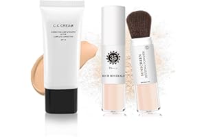 NVLEPTAP 2PCS CC Cream Self Adjusting for Mature Skin and Mineral Powder Sunscreen for Face,CC Cream Skin Tone Colour Correcting Self Adjusting,Long Lasting Oil Control Translucent Setting Powder