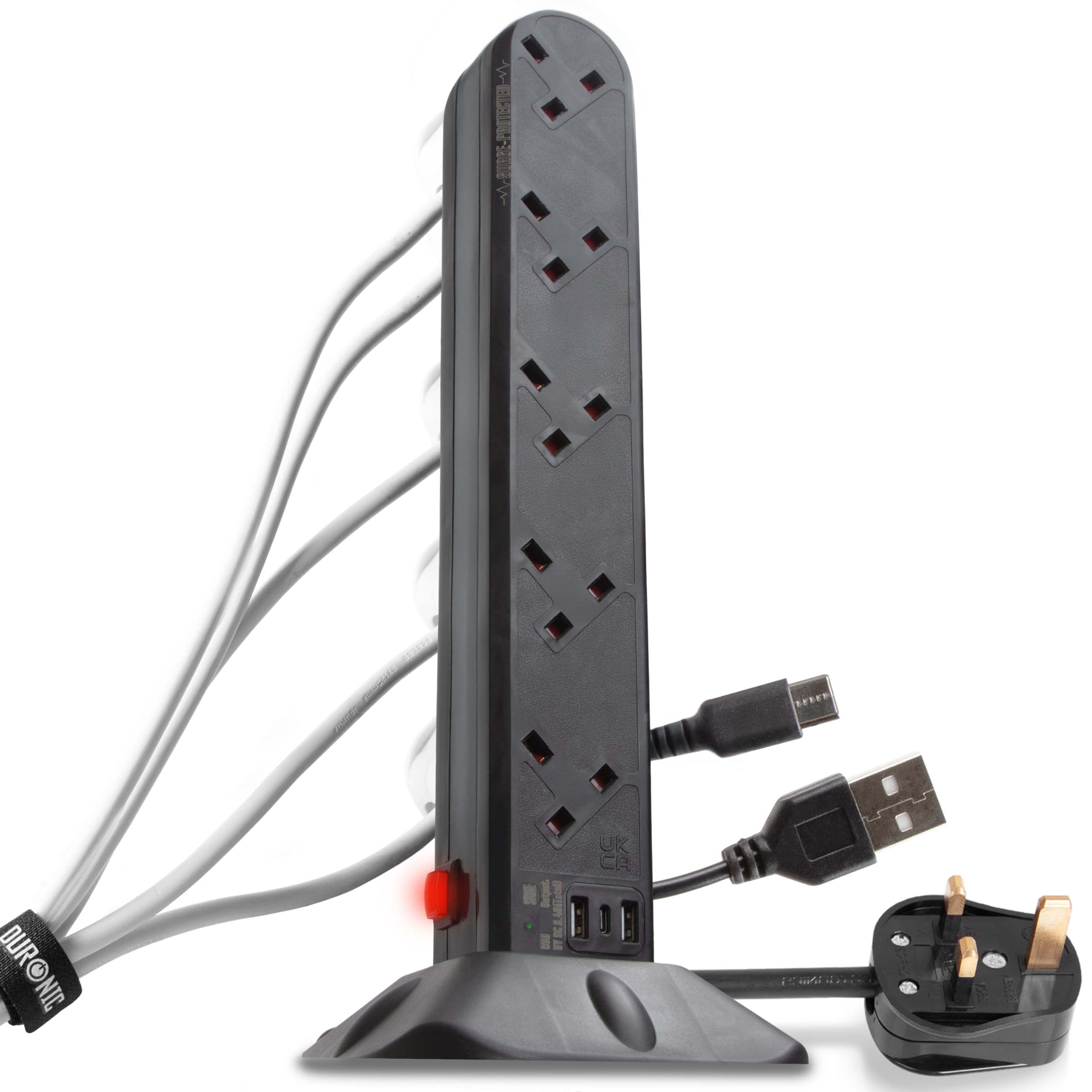 Duronic Surge Protected Extension Lead with USB ST10B Tower Extension Leads 10 Way Multi Plug Power Adapter for UK Plugs Long Black Extension Cords Power Strip Multiplug Socket for Home Office Kitchen