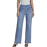 luvamia Wide Leg Jeans Woman High Waisted Trendy Stretchy Denim Work Trouser Jeans with Retro Button Flap Patch Pockets