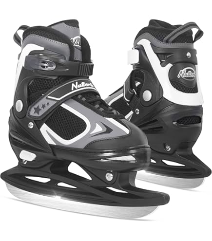 Nattork Patines De Hielo Negros Para Niños, Niños Y Niñas, Patines Ajustables De Hockey Con Cordones, Acolchado Suave Y Soporte De Tobillo Reforzado Con 4 Ajustes De Tamaño