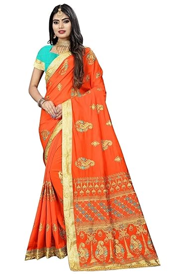 Yashika Fashion Womens New Orange Color Georgette With Embroidery Party Wear Saree