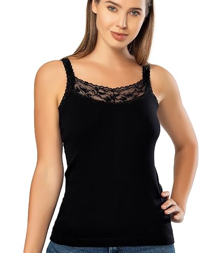 Women's Sexy Ultra Soft Camisole with Lace Trim Cotton Blend Basic