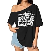 Hilinker Women's Graphic Off The Shoulder Tops Asymmetrical Short Sleeve Oversized T Shirts