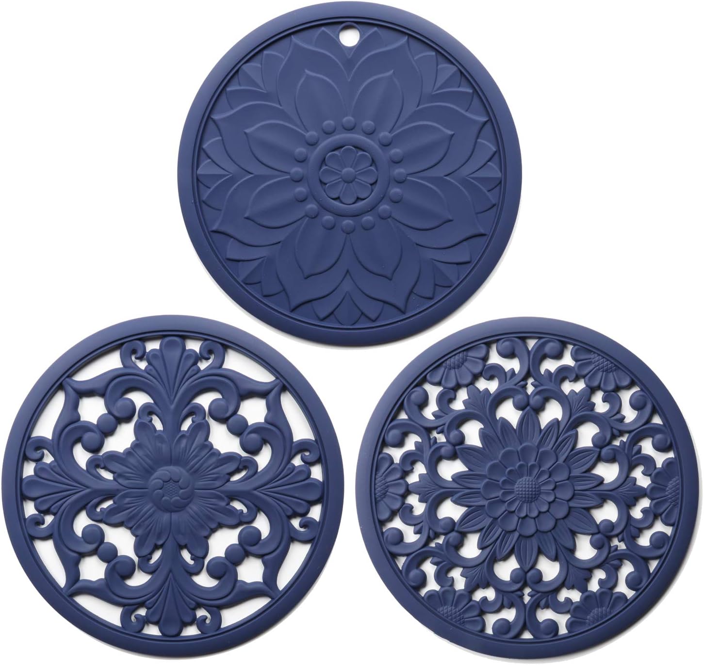 Silicone Trivet Mat 3 Set Intricately Carved Trivet Mat, Silicone Trivets for Hot Pods and Pans, Hot Dishes - No Slip & Heat Resistant Modern Kitchen Hot Pads for Countertop, Table (Blue)