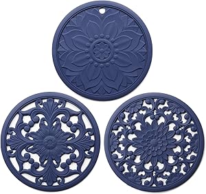 Silicone Trivet Mat 3 Set Intricately Carved Trivet Mat, Silicone Trivets for Hot Pods and Pans, Hot Dishes - No Slip & Heat Resistant Modern Kitchen Hot Pads for Countertop, Table (Blue)