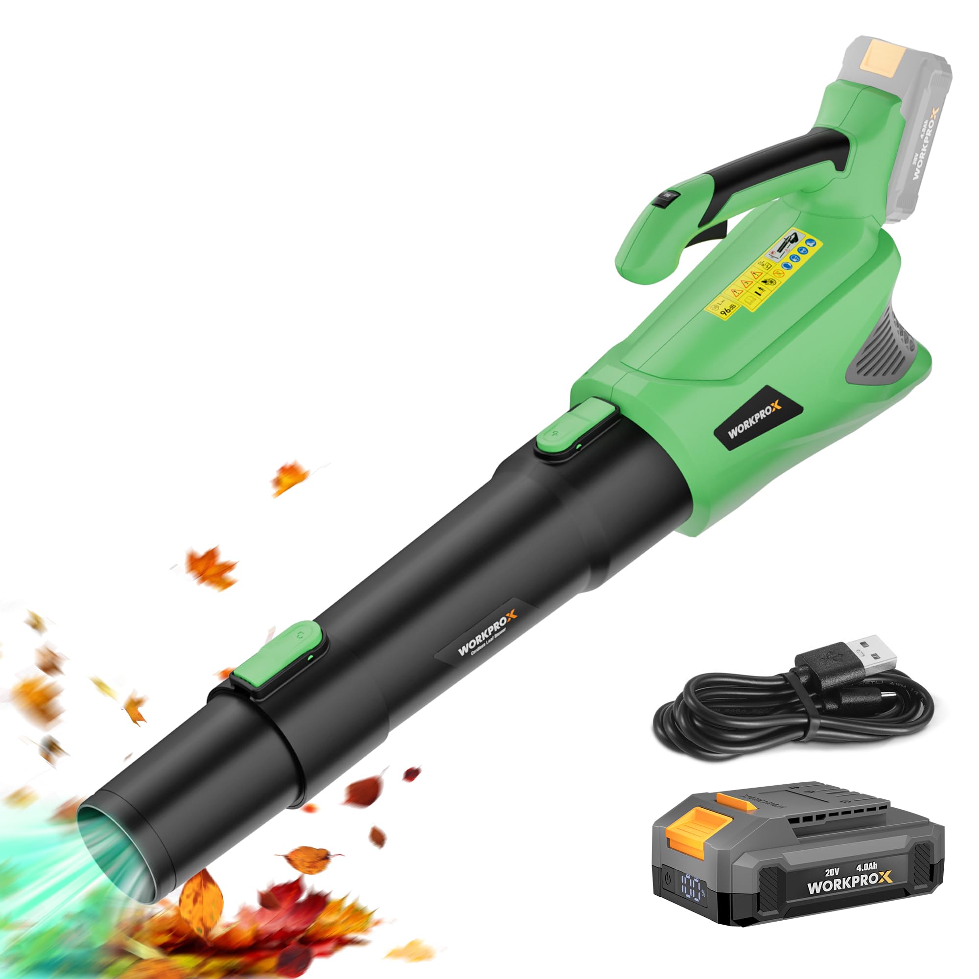 WORKPROX ブロワー 電動ブロアー 充電式ブロワー ブロアー 20V コードレスタイプ 【4.0Ah バッテリ一付き】 強力 17500rpm 約14m³/min大風量 5段階風量調節 積もった雪を取り除く 車の雪を吹き飛ばし 洗車 落ち葉 庭掃除 水滴飛ばし 網戸 掃除 バーベキュー