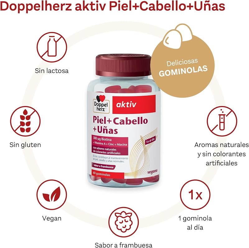Piel+Cabello+Uñas - Gominolas con Vitaminas A, C, E & B6-500 μg Biotina, Zinc, Selenio - 60 Gomitas Blandas Veganas- Sabor Frambuesa - Doppelherz