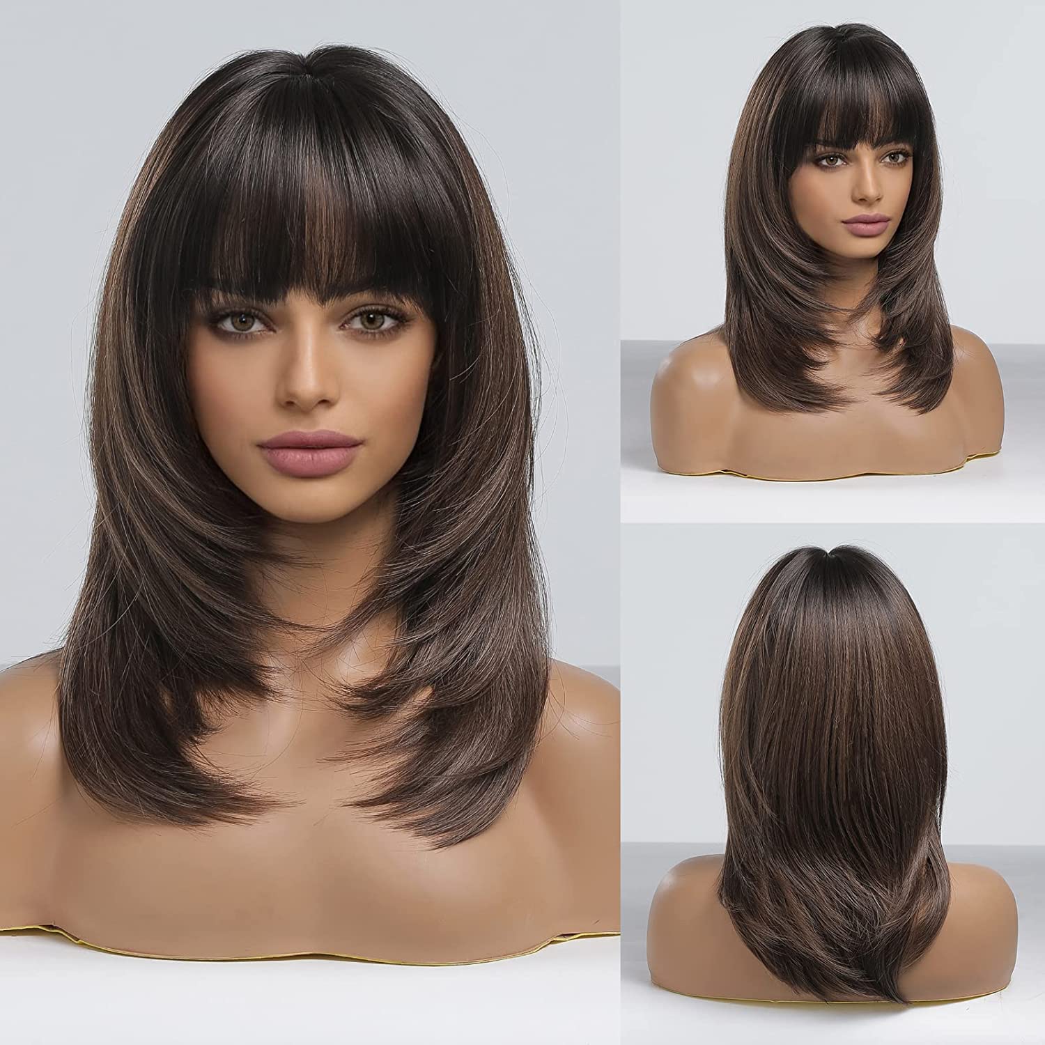 EMMOR Dark Brown Wigs for Women, Long Layered Synthetic Fibre Wigs with Bangs, Heat Resistant, 1 Count — image 1