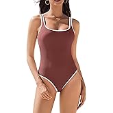 AI'MAGE Womens One Piece Swimsuit Ribbed High Cut Bathing Suit Color Block Sport Swimwear with Adjustable Strap S-2XL