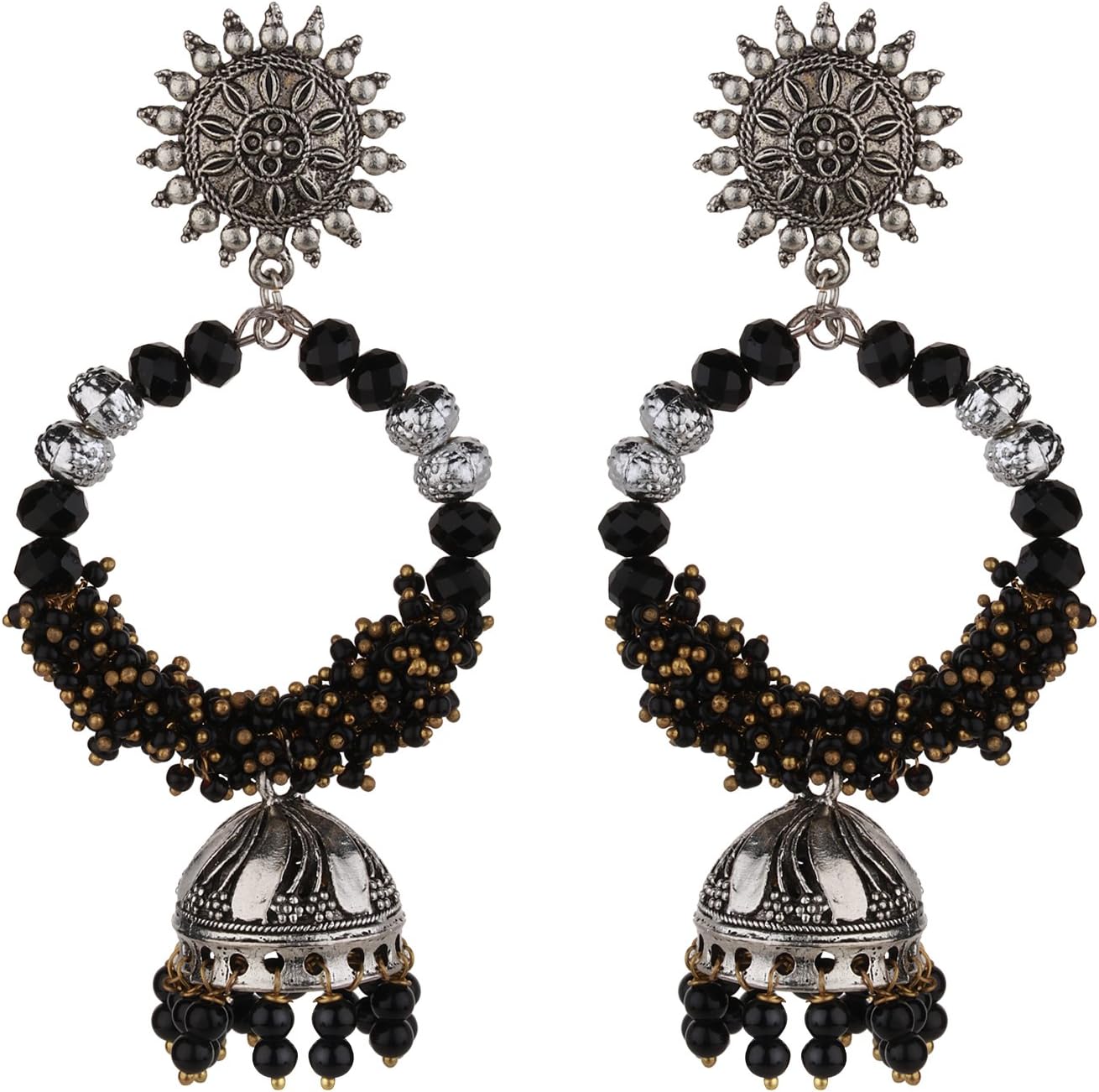 Avushanam Handmade Oxidized Silver Ethnic Jhumka Earrings with Beads & Black Crystal
