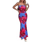 PRETTYGARDEN Womens Spring Dresses 2026 Sexy Strapless Tube Bodycon Mesh Ruched Floral Maxi Dress Wedding Club Outfits