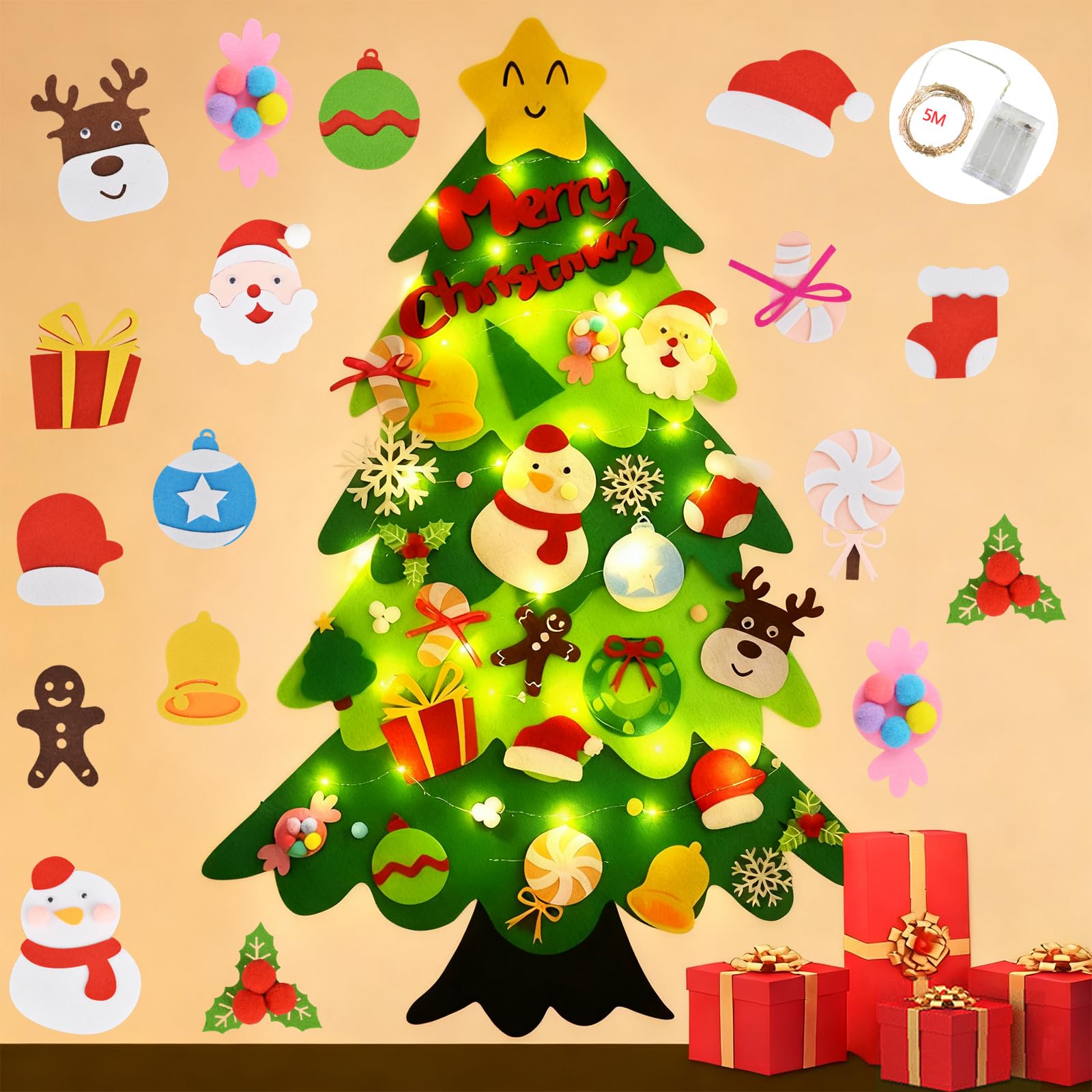 Xndryan Felt Christmas Tree for Kids, DIY Toddler Christmas Tree with 28pcs Ornaments and 50 LED String Lights, Great Hanging Felt Christmas Decorations Xmas Gifts for Kids