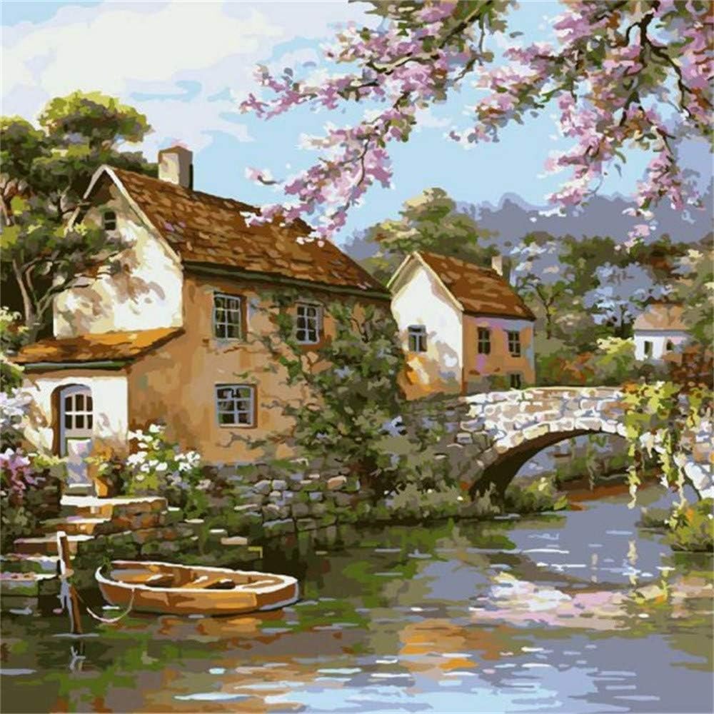 Thinktoo Paint by Number Kits 16 x 20 inch Canvas DIY Oil Painting for Kids, Students, Adults Beginner with Brushes and Acrylic Pigment - Bridge River (Without Frame)