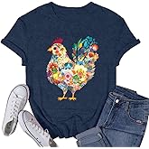 VQD Womens Chicken Shirts Farm Country Floral T-Shirt Colorful Chickens Lover Wildflower Tee Tops