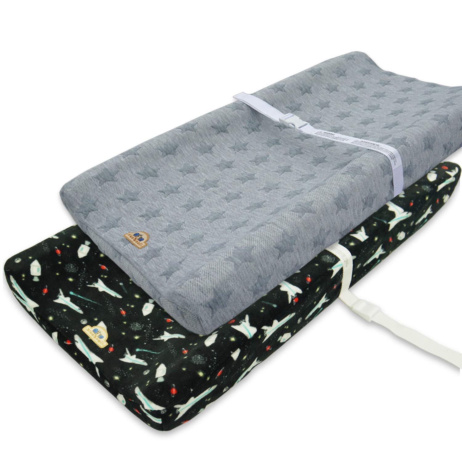 BlueSnail Plush Super Soft and Comfy Changing Pad Cover Change Table Cradle Bassinet Sheets with Straps for Baby 2-Pack (Black Plane+Gray)