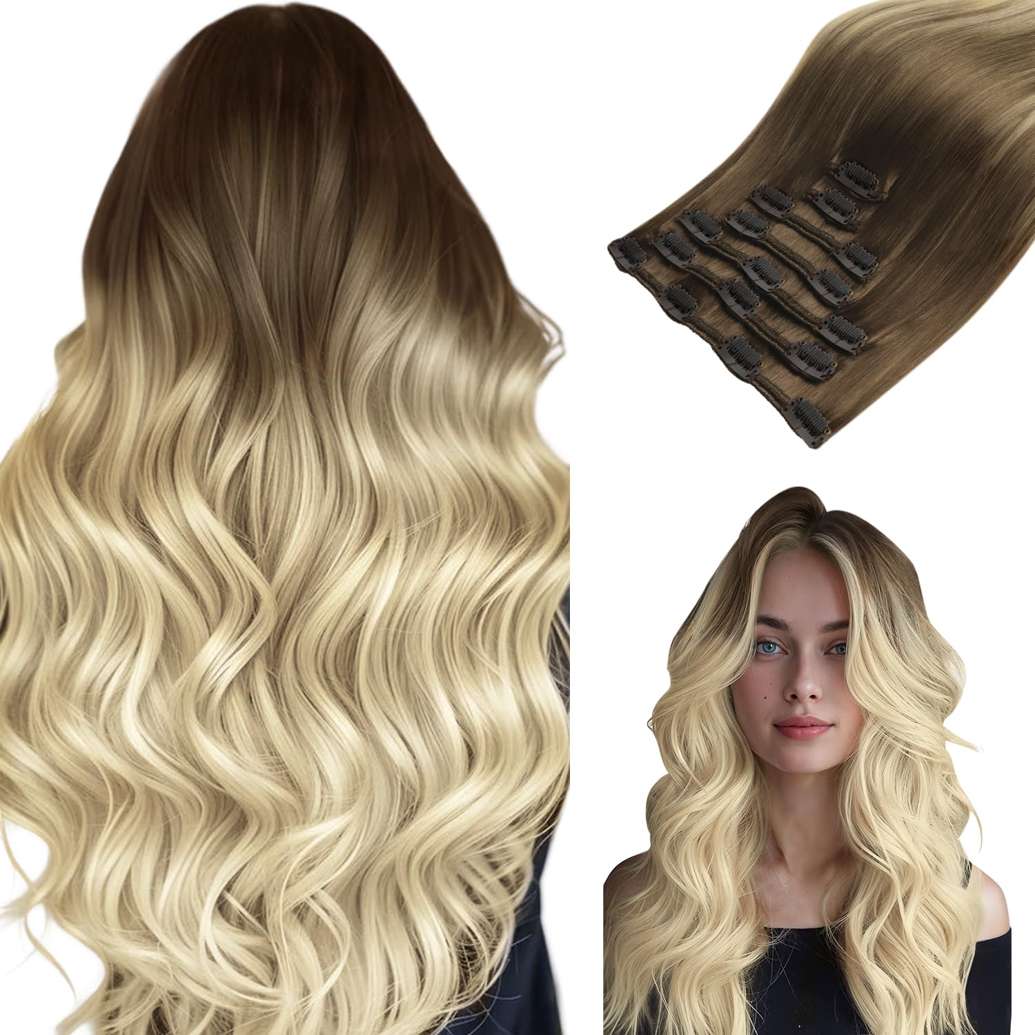 hotbanana Clip in Hair Extensions,Ash Brown to Platinum Blonde Clips in Hair Extension Real Human Hair Clip In human Hair Straight Remy Hair Extensions 18 Inch 120g 7pcs — image 1