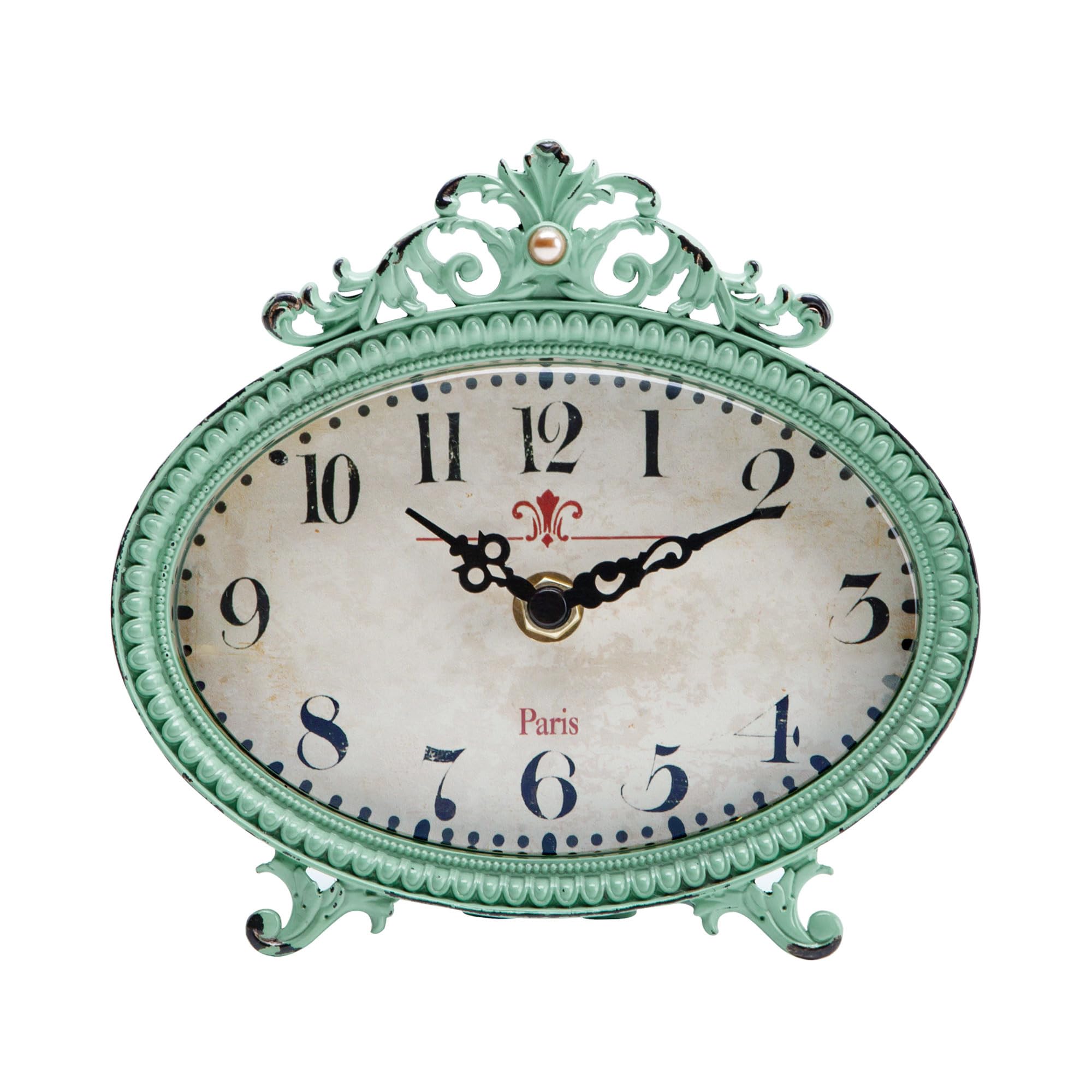 NIKKY HOME Vintage Table Clock, French Turquoise Color Rococo Style Desk Clock Battery Operated Rustic Design, Home Décor for Living Room, Bedroom, Bedside, Desk, Gift Clock - Distressed Green