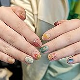 24 Pcs Summer Flowers Press on Nails Square Short Fake Nails with Colorful Pentagram Flower Graffiti Style Design Pattern Full Cover Stick on Nails Acrylic Nail for Women DIY Manicure Decoration