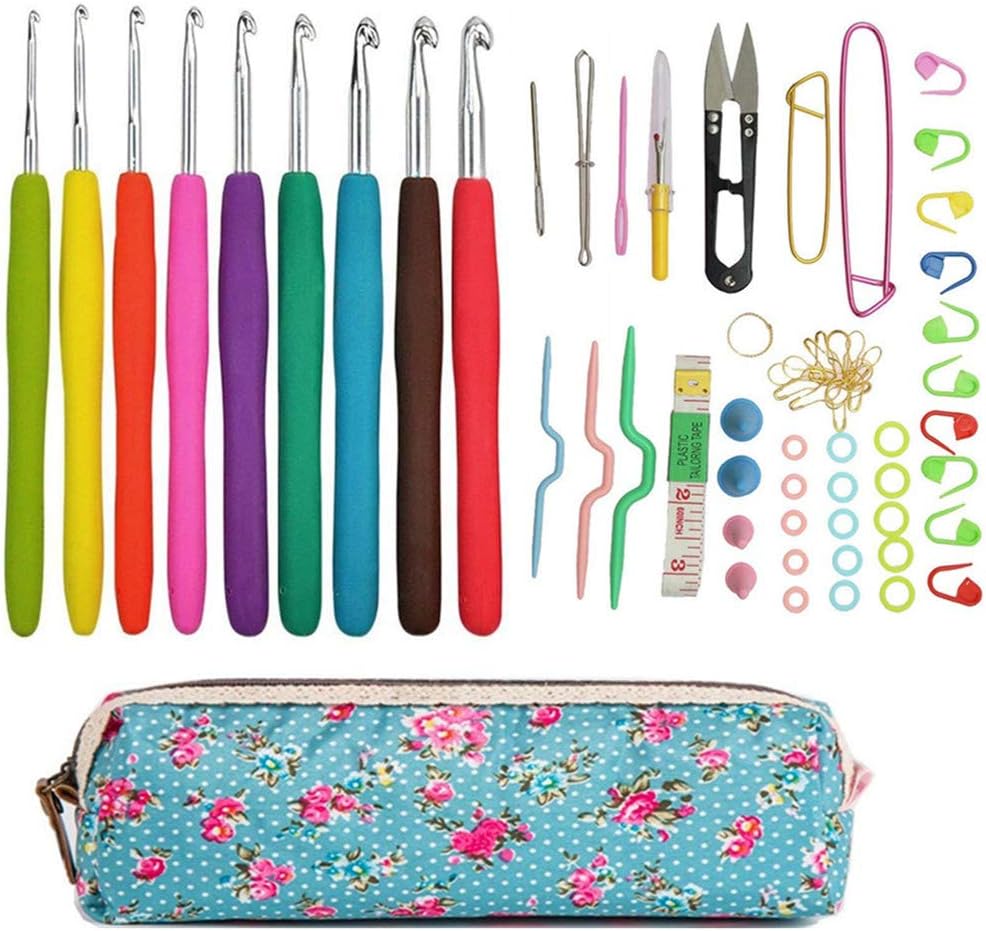 57pcs Knitting Crochet Sewing Accessories Tool Kits Tape Cable Needles Marker + 9pcs Crochet Hooks Set with Organizer Bag Best Gifts for Mom