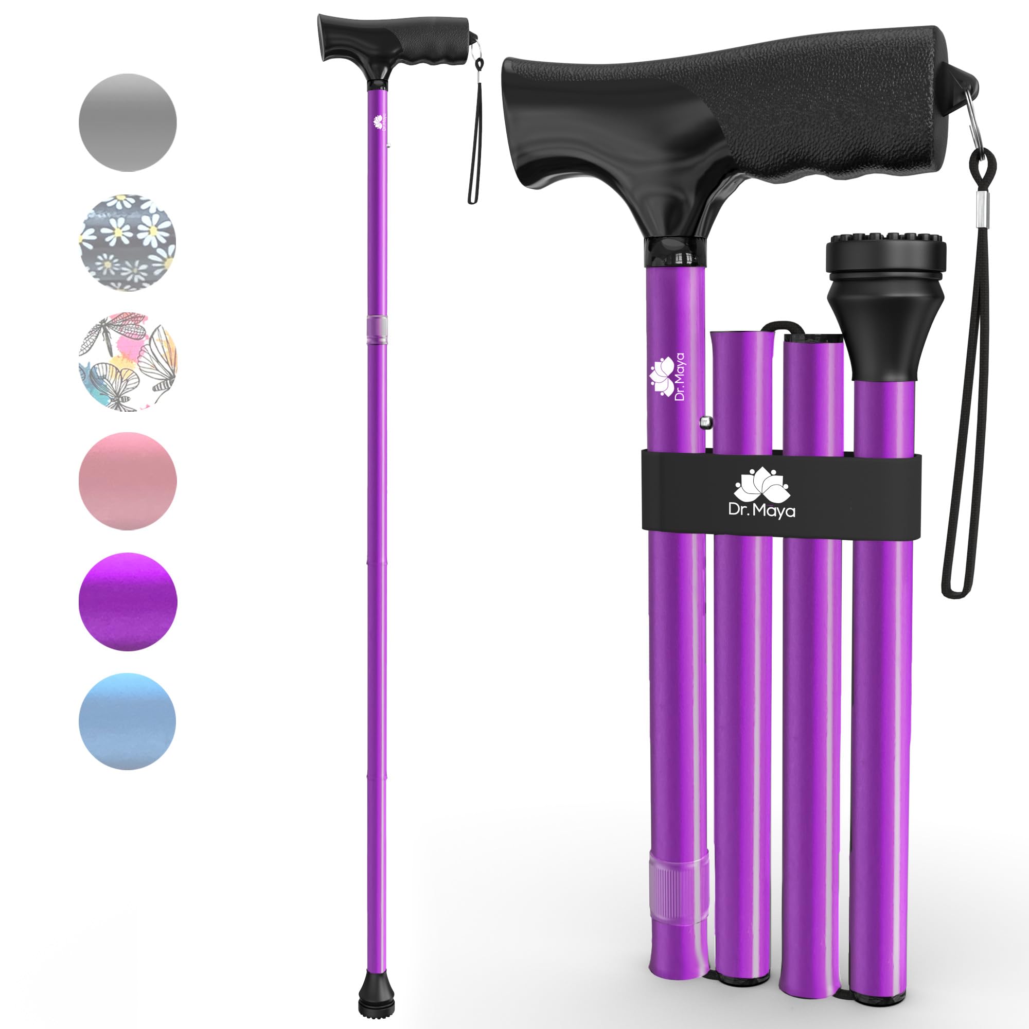 Dr. Maya Folding Walking Stick for Women and Men – Lightweight Adjustable Walking Cane with Soft T Handle – Foldable Walking Stick for Ladies and Seniors – Purple, Supports 113 kg