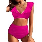 AI'MAGE Women High Waisted Bikini Sets Tummy Control Swimsuits Ruffle Sleeve Two Piece Bathing Suit V Neck Swimwear S-XXL