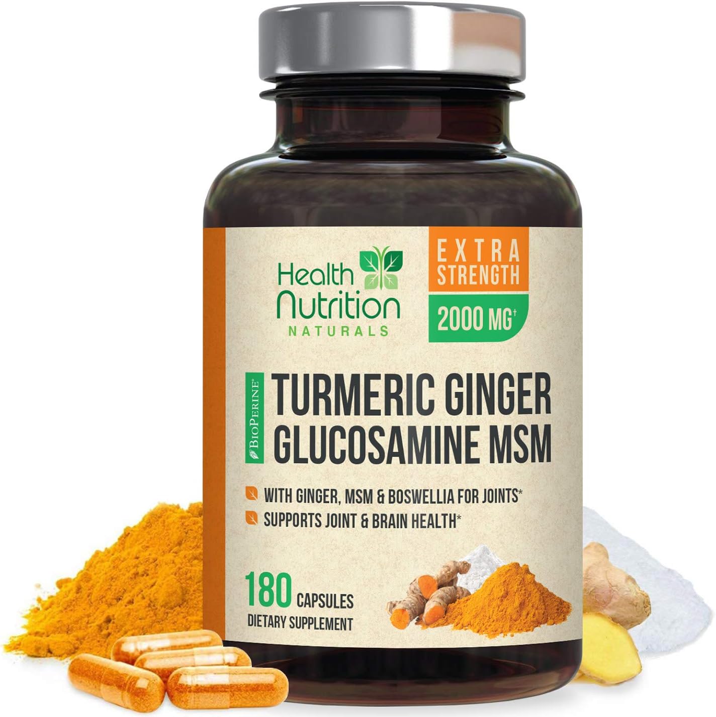 Turmeric Curcumin with BioPerine & Ginger 95% Curcuminoids 2000mg - Black Pepper for Best Absorption - Natural Immune Support, Glucosamine MSM Turmeric Joint Supplement - 180 Capsules