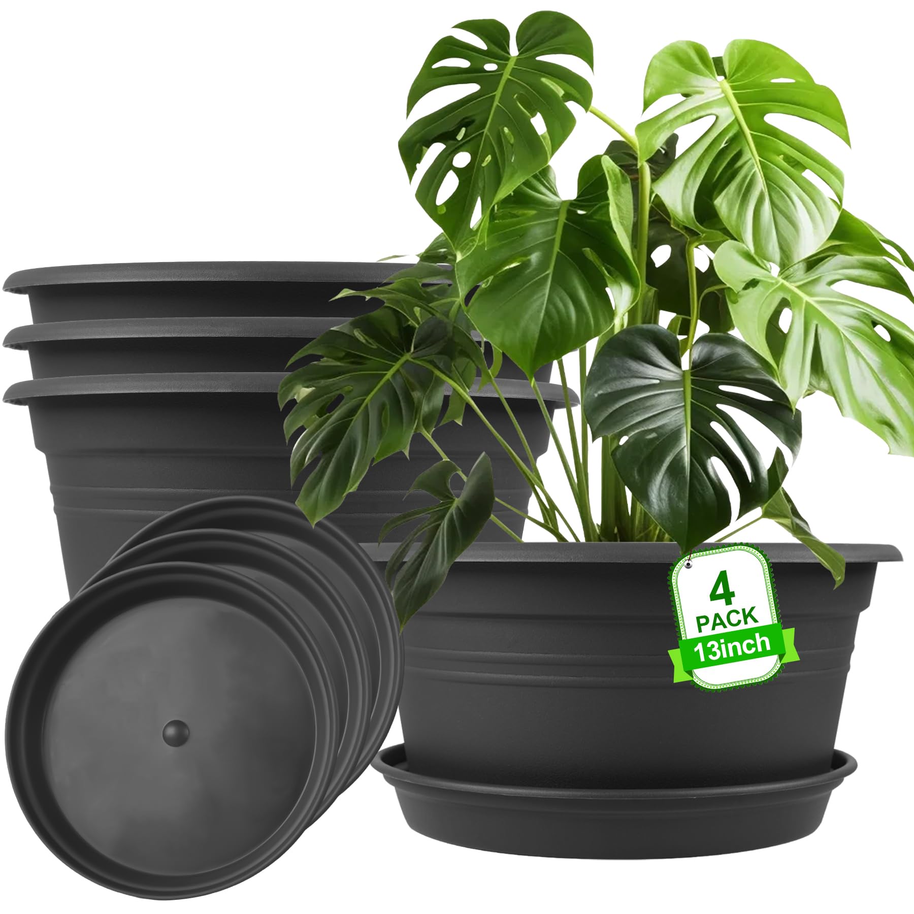Photo 1 of Large Flower Pots Set of 4 Pack 13 inch, Plant Pots Large Outdoor Planters with Drainage Hole & Tray Saucer, Decoration Plastic Pots for Plants for Indoor Outdoor Garden Home Plants Planter (Grey)