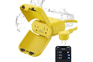 ELEGRP Outdoor Smart Dimmer Plug Waterproof IP66, Smart WiFi Plug with 2 Individually Sockets, Compatible with Alexa & Google Assistant, Outdoor Dimmer for String Lights, UL Listed, 1 Pack, Yellow