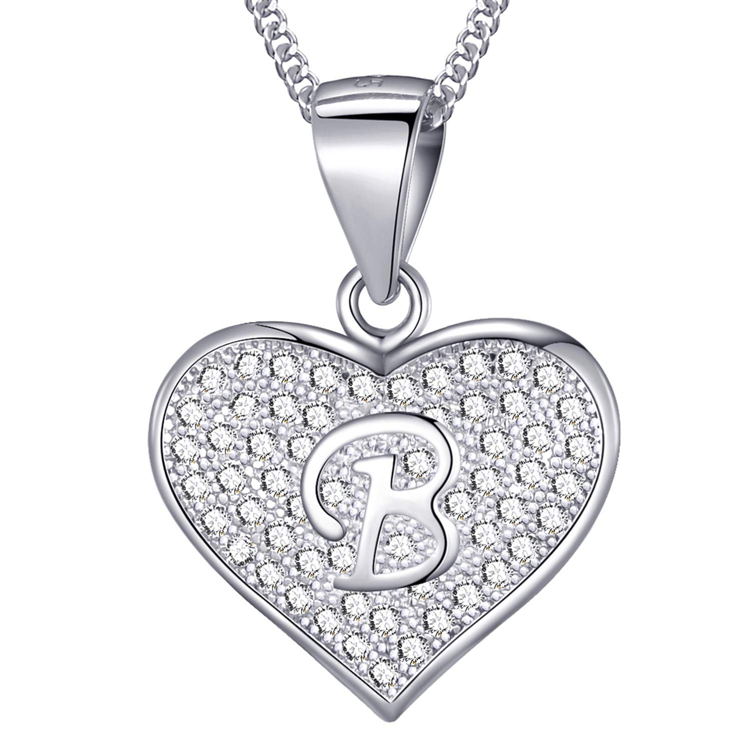 MASADA 925 Sterling Silver Heart Letter Necklace - Initial Pendant with Zircon Stones - Letter B - Personalised Alphabet, Teens & Girls - 46 cm - 18 inch Chain in Velvet Bag