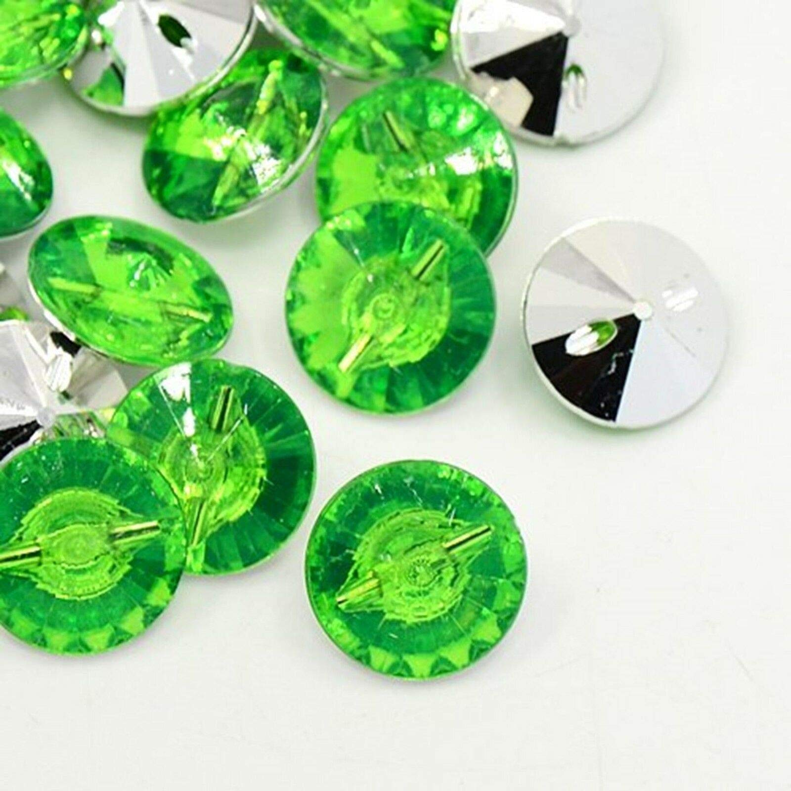 100 x Lime Green 15mm Round 1 Hole Acrylic Rhinestone Buttons — image 1