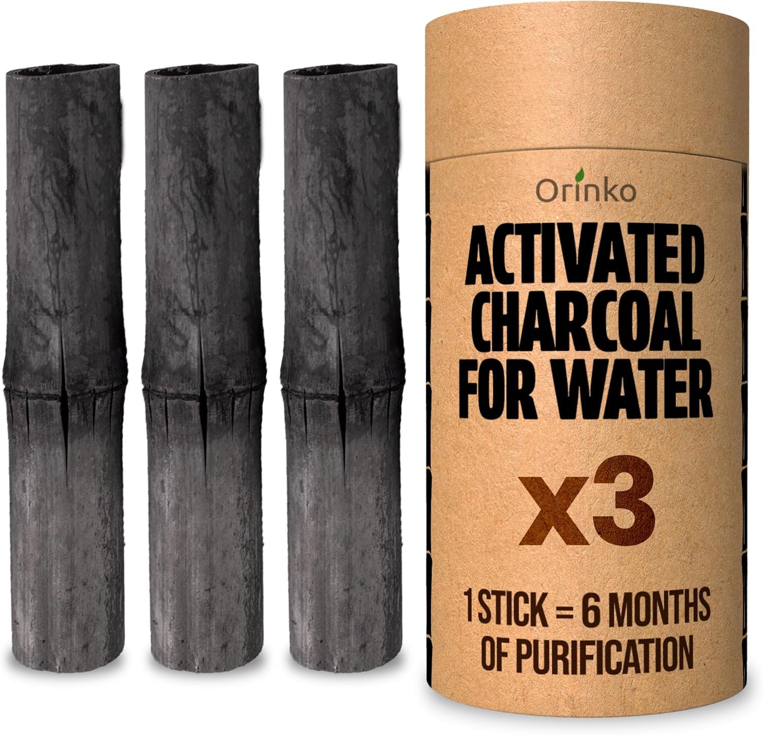 ORINKO® Charcoal Water Filter Sticks x3 – Natural Takesumi Activated Carbon for Water Purification – Sustainable Binchotan Bamboo Filter Kit for Pitchers & Tap Water