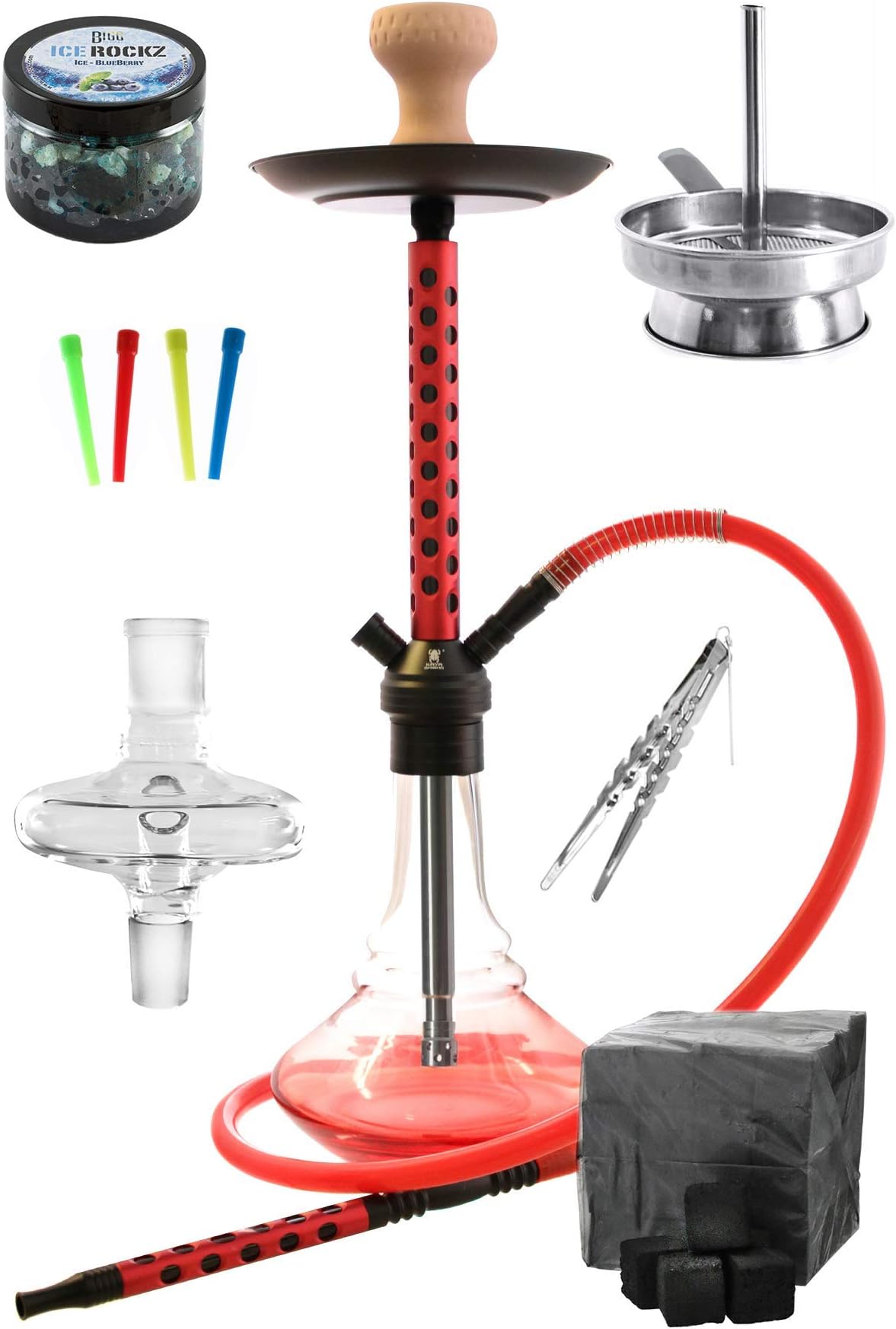 Kaya-Shisha Eco 590 Aludots Shisha-Set Complete with Shisha Charcoal steam Paste Molasses Disposable mouthpieces Chimney Attachment Charcoal Tongs (Red)