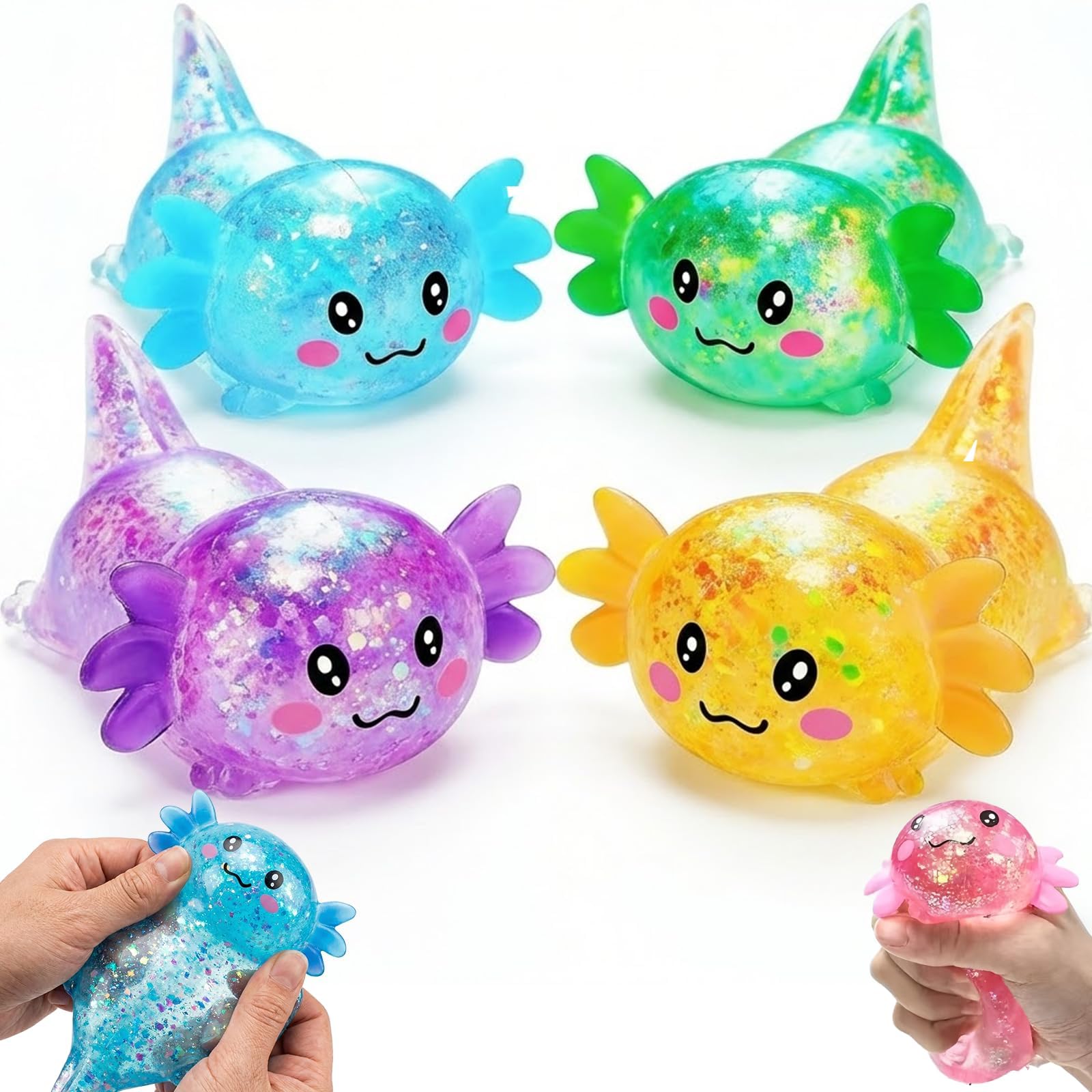 4Pcs Axolotl Fidget Toys, Axolotl Squishy Stress Relief Toy, Cute Malt Sugar Filled Squeeze Toys for Adults Soothing Easter Basket Stuffers Birthday Party Gift