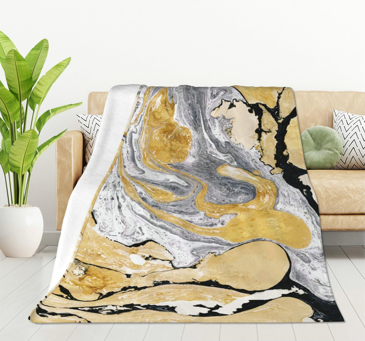 HGOD DESIGNS Gold Golden and Silver Marble Fleece Throw Blanket Ultra Soft Cozy Blooming Decorative Flannel Blanket All Season for Home Couch Bed Chair Travel 130x150cm