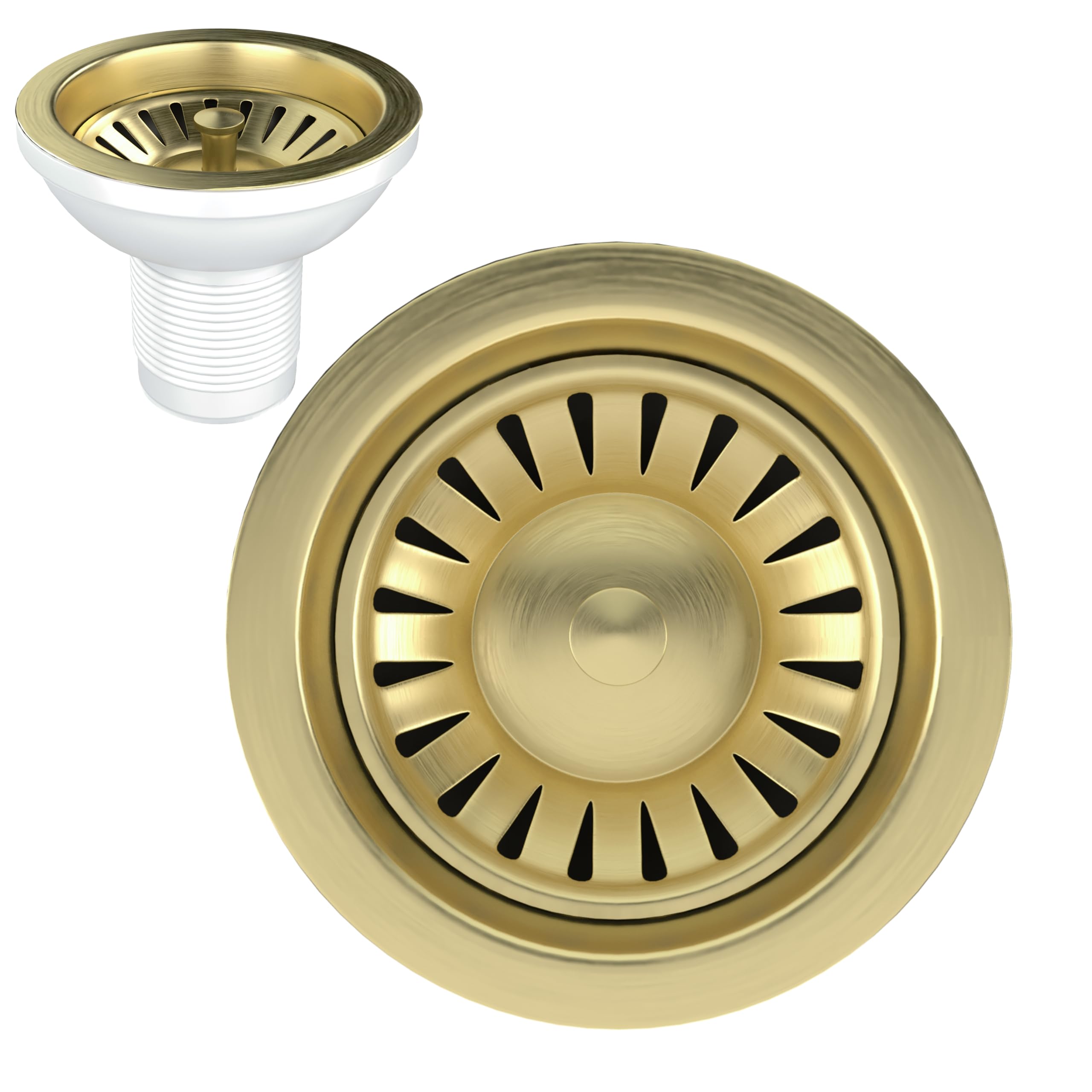 Excel Home Kitchen Sink Waste Kit, 90mm Sink Waste Strainer with Round Drain Cover - Without Overflow Pipes - (Brushed Brass)