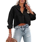 Tankaneo Womens Button Down Cropped Shirts Long Sleeve Casual Crop Tops Solid Lapel Blouse Shirt with Chest Pocket