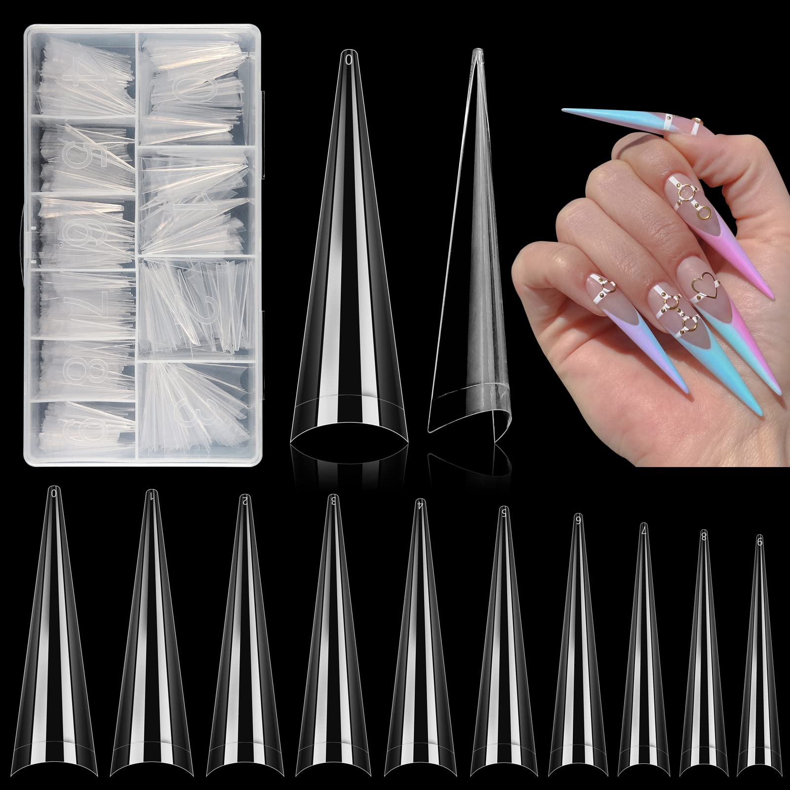 Photo 1 of 500Pcs Stiletto Nail Tips for Acrylic Nails, XL Long Clear False Nails Tips Soft Traceless, Half Cover Tapered Square False Nail Tips for Nail Extension Nail Art, Home DIY Nail Salon 10 Sizes