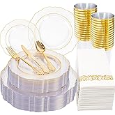 KIRE 210Pcs Clear and Gold Plastic Plates - Heavy Duty Clear Plates with Gold Rim - Disposable Dinnerware Sets of 60 Plastic Plate 90 Silverware 30 Cups 30 Napkins for Wedding/Thanksgiving Parties