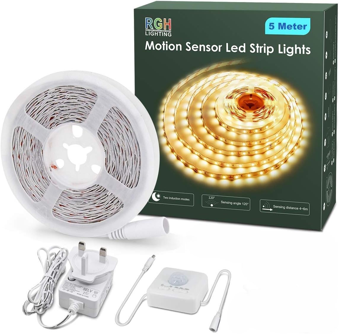 RGH LIGHTING Motion Sensor Led Strip Lights 5 Meters, 3000K Warm White Led Light Strip, 2 Activated Modes Tape Lights for Cabinet Kitchen Living Room Bedroom Stair Conservatory Garage and Bar