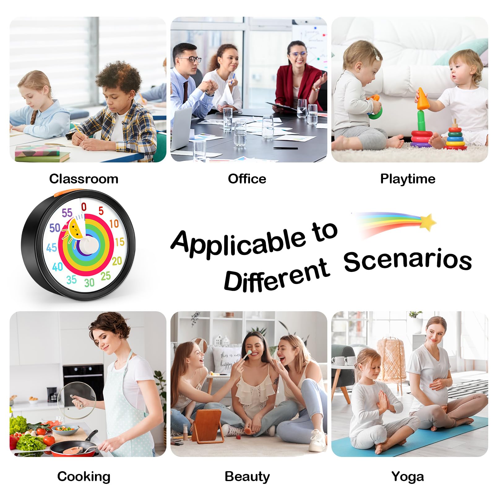 Secura 60-Minute Visual Timer for Kids, Classroom Countdown Timer with 'Rainbow' Pattern, Timer Management Tool for Kitchen, School, Office (Black & Sun)