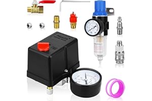 FBANG Air Compressor Pressure Switch Control Valve 110-150 PSI Vertical 4-way Switch with Pressure Gauge and Moisture Filter, Air Compressor Replacement Parts 110V-240V