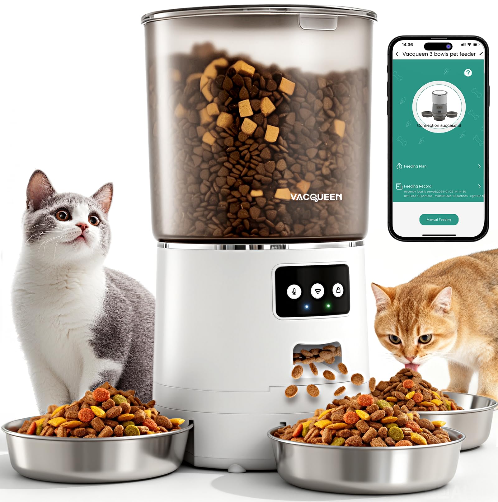 Photo 1 of Vacqueen Automatic Cat Feeder for 3 Cats, 6L/25 Cups Smart WiFi Pet Feeder, Strong Anti-Jam System, Dual-Effect Desiccant Cat Food Dispenser, with 10S Voice Recorder for Cats and Small Dog(White)