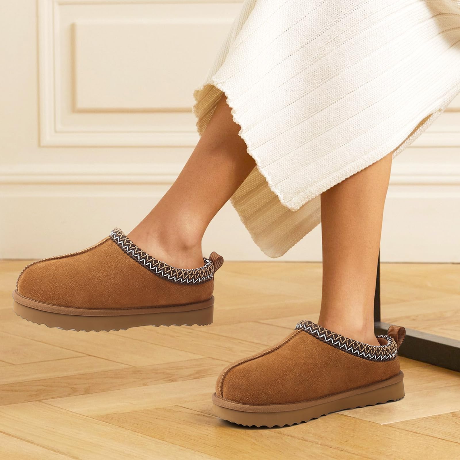 Litfun Women's Fuzzy House Slippers Genuine Suede Fluffy Winter Slipper Cozy Furry Warm Shoes Indoor/Outdoor